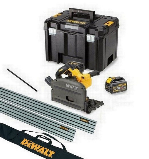 DEWALT DCS520T2-GB 54v FLEXVOLT XR PLUNGE SAW WITH 2 x LI-ION BATTERIES, 2 RAILS, JOINING BAR  & BAG