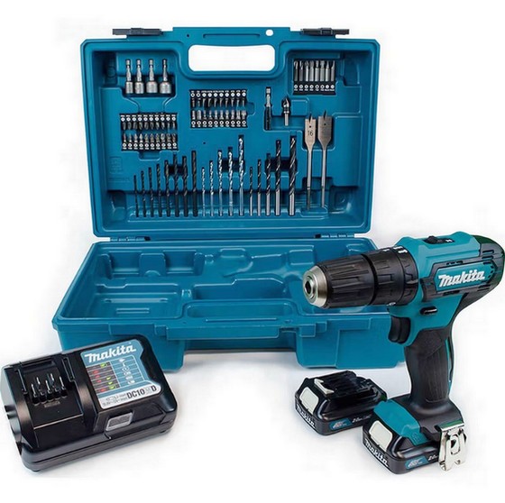 MAKITA HP333DWAX1 12V CXT COMBI DRILL WITH 2x 2.0Ah BATTERIES AND CHARGER (INCLUDES 74 PIECE ACCESSORY SET).