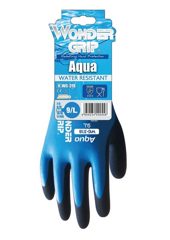 WONDER GRIP AQUA LATEX COATED WATERPROOF GLOVES LARGE WG318091